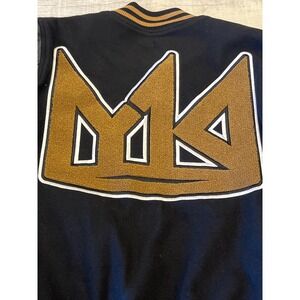 YK1K Mens Black Varsity Bomber Jacket Brown Leather Sleeves Crown Patch Size M